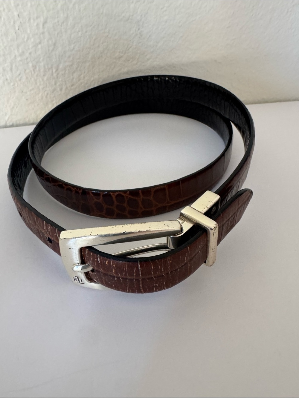 Brown/Black Croc-Embossed Genuine Leather Reversible Belt with Silver Buckle